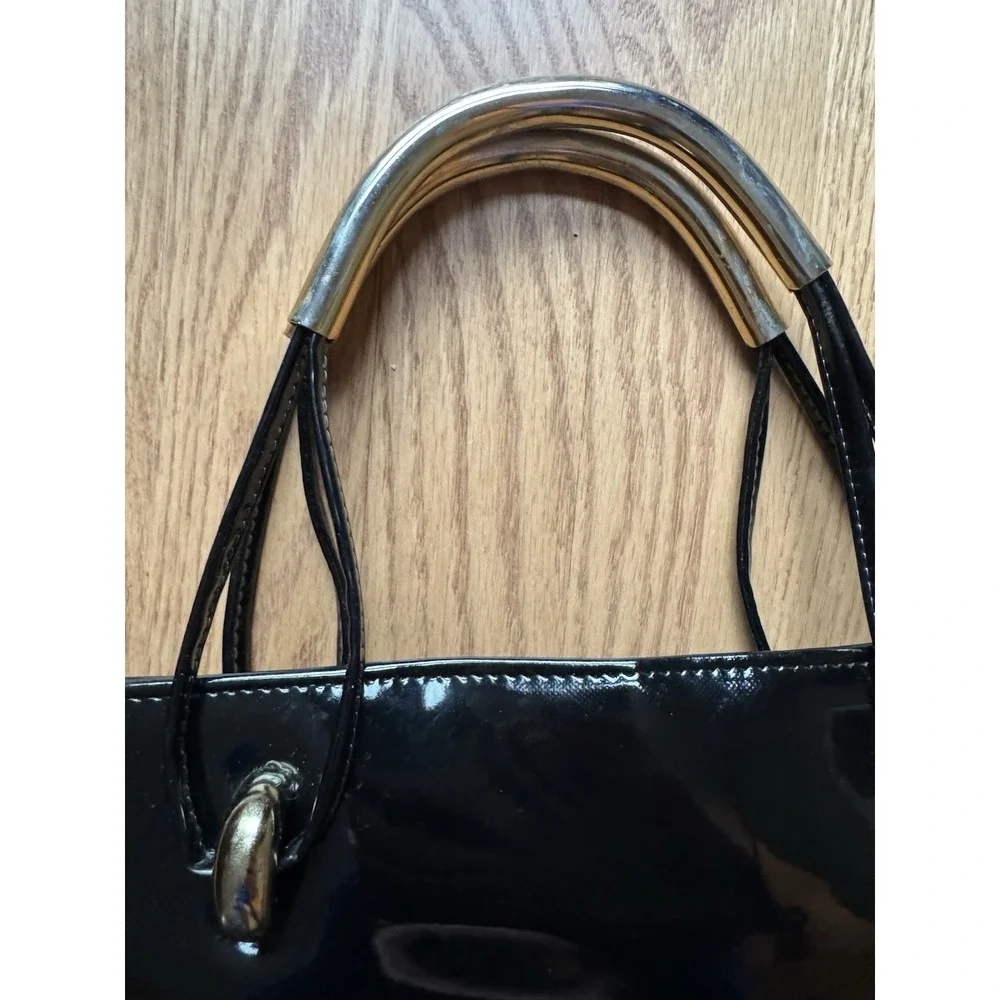 Vintage Black Glossy Purse Gold Bar Handle Y2K Patent Look Handbag‎